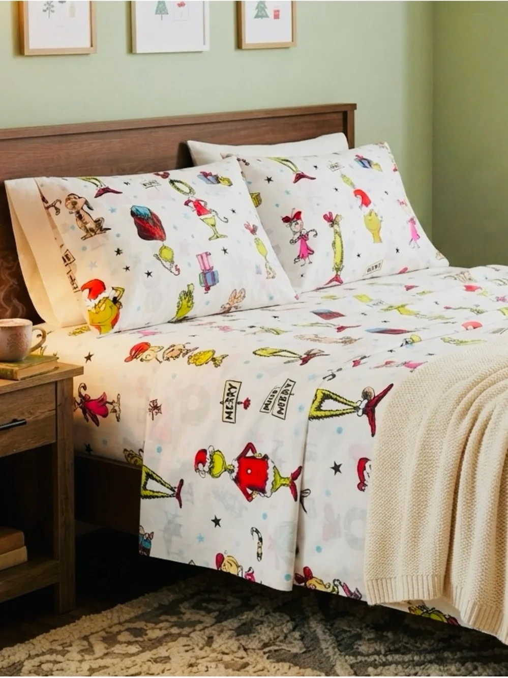 NEW❤️The Grinch Dr. Seuss Queen Size Cotton 4PCS Sheet Set